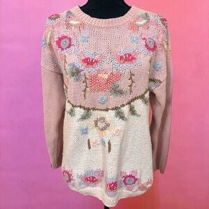 Vintage 80s Cottagecore Fairy Pink & White Floral Cotton Knit Crewneck Sweater